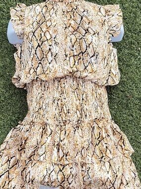 TCEC Sleeveless Snake-Print Ruffle dress in Cream and Brown
